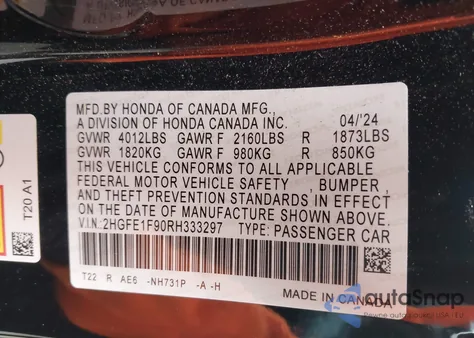 2024 Honda Civic Touring z USA, uszkodzony, nr VIN 2HGFE1F90RH333297